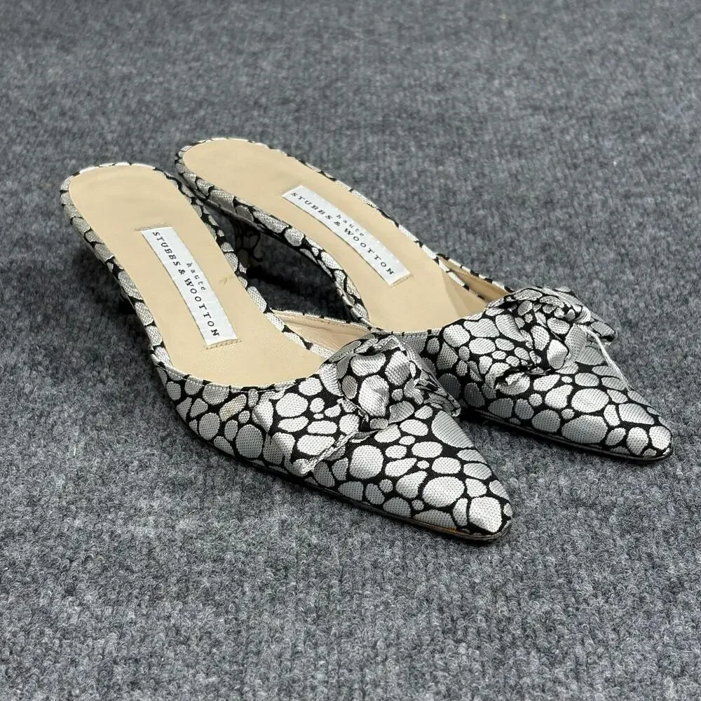 Stubbs & Wootton Shoes Womens Size 6 Silver Bow Kitten Heel Mules Pointed Toe 6B
